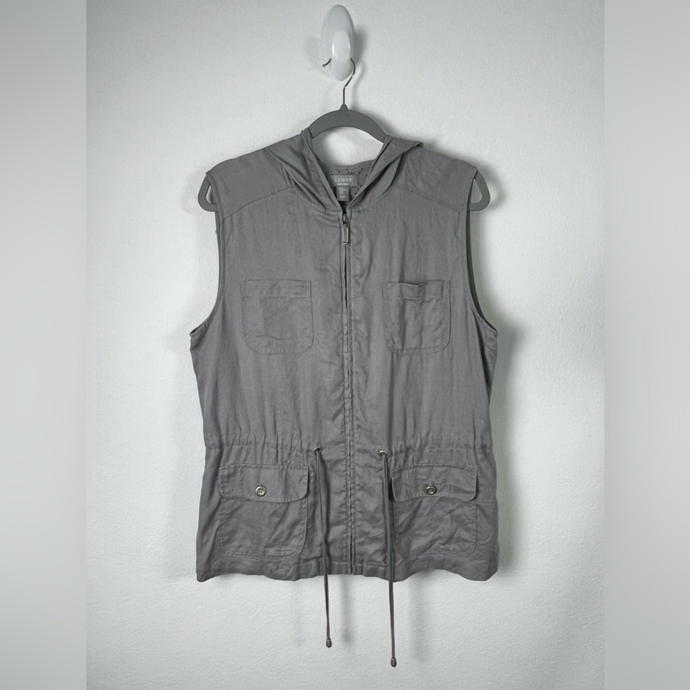 Kenar Gray Linen Hooded Sleeveless Vest Jacket